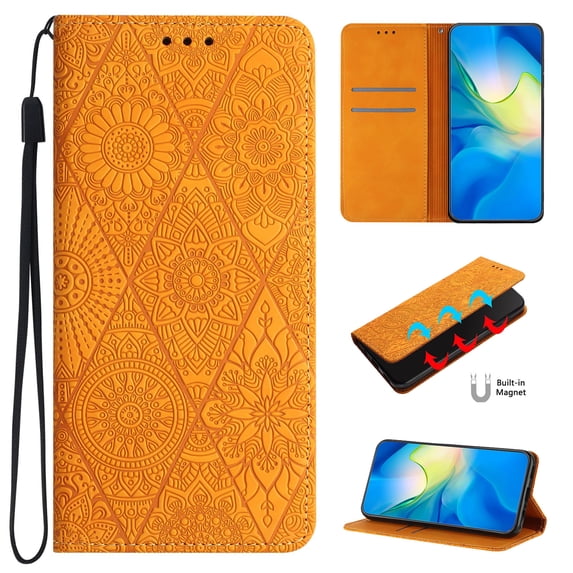 for iPhone 11 Pro Max Wallet Case, PU Leather Protective Case Embossed Folio Magnetic Card Slots Holder Kickstand with Wrist Strap Shockproof Slim Flip Case for iPhone 11 Pro Max, Yellow