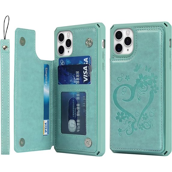 for iPhone 11 Pro Max Wallet Case with RFID Blocking Card Holder for Girls Women,Premium PU Leather Magnetic Buttons Stand Flip Wrist Strap Case for iPhone 11 Pro Max 6.5 Inch,Heart Green
