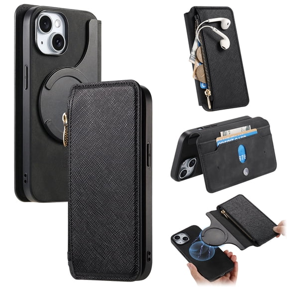 For iPhone 11 Pro Max Wallet Case with RFID Blocking Card Holder Magnetic Closure  [Compatible with MagSafe] Detachable Zipper Pocket PU Leather Flip Kickstand Shockproof Case,Black