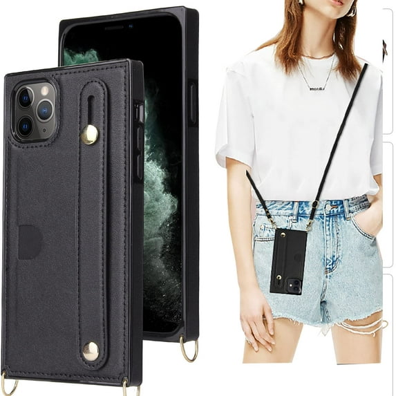 for iPhone 11 Pro Max Wallet Case for Women,Removable Adjustable Strap Crossbody Card Holders Cover Neck Strap Lanyard Purse Shoulder Strap Kickstand Purse Case for iPhone 11 Pro Max KB Black