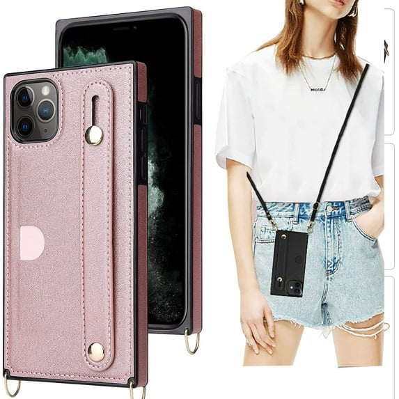 for iPhone 11 Pro Max Wallet Case for Women,Removable Adjustable Strap Crossbody Card Holders Cover Neck Strap Lanyard Purse Shoulder Strap w/Kickstand Purse Case for iPhone 11 Pro Max KB Rose