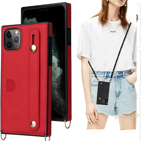 for iPhone 11 Pro Max Wallet Case for Women,Removable Adjustable Strap Crossbody Card Holders Cover Neck Strap Lanyard Purse Shoulder Strap w/Kickstand Purse Case for iPhone 11 Pro Max KB Red