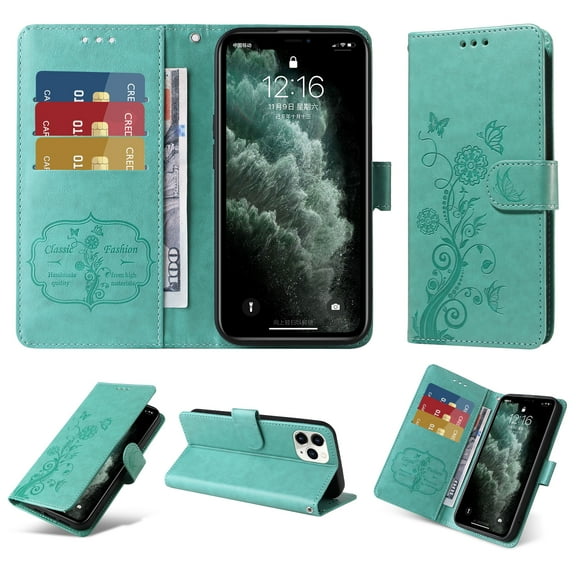 for iPhone 11 Pro Max Wallet Phone Case,Women Flip Folio Cover with Credit Card Holders Emboss Butterfly & Flower PU Leather Purse Kickstand Case With Wrist Strap for iPhone 11 Pro Max,Green