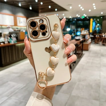 for iPhone 11 Pro Max with Wrist Strap,Cute Love Heart Full Camera Lens Protection with Side Small Pattern Shockproof Plating Bumper Soft TPU Phone Case Cover For iPhone 11 Pro Max, White
