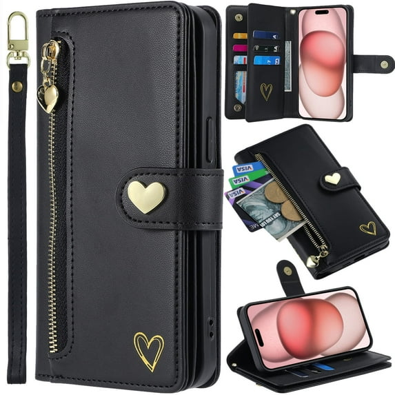 for iPhone 11 Pro Phone Case Leather Wallet Pocket Folio Flip Cover Kickstand, 3 Layer Multi Card Holder Cash Slot Photo Bag, Golden Love Zipper Puller + Magnetic Buckle, Wrist Strap