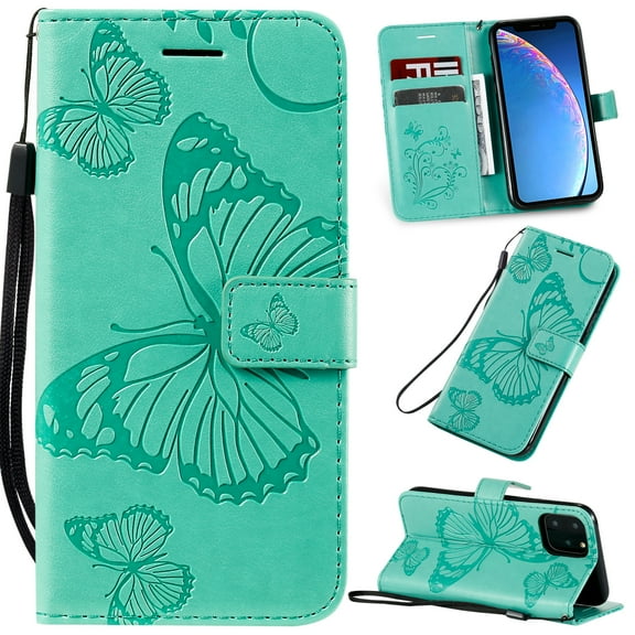 iPhone 11 Pro Wallet Case, Flip Kickstand Emboss Butterfly PU Leather Protective Phone Cover with Wrist Strap & Card Slots, Green