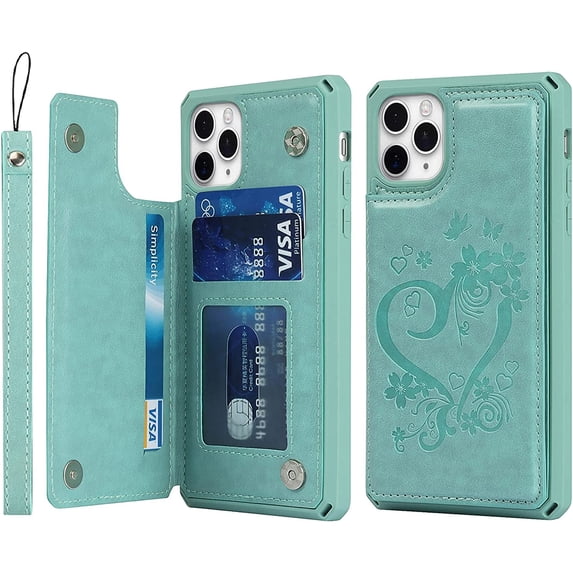 for iPhone 11 Pro Wallet Case with RFID Blocking Card Holder for Girls Women,Premium PU Leather Magnetic Buttons Stand Flip Wrist Strap Case for iPhone 11 Pro 5.8 Inch,Heart Green