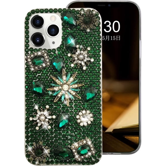 for iPhone 11 Pro Women Girls Bling Diamond Flower Case 3D Luxury Elegant Glitter Gem Pearl Floral Crystal Sparkly Rhinestone Soft Bumper Protective Cover Case for iPhone 11 Pro Green