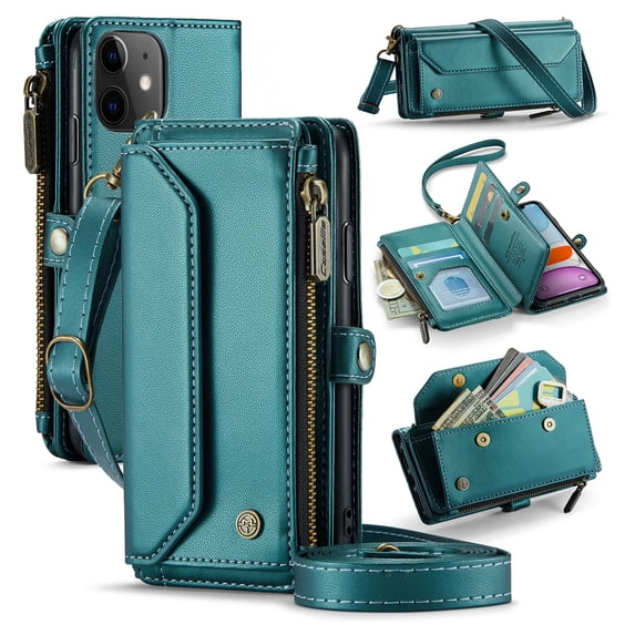 for iPhone 11 Rugged Case, Classic PU Leather Shoulder Strap Wrist Strap Zipper Pocket RFID Blocking Wireless Charging Kickstand Case Cover for iPhone 11, Green