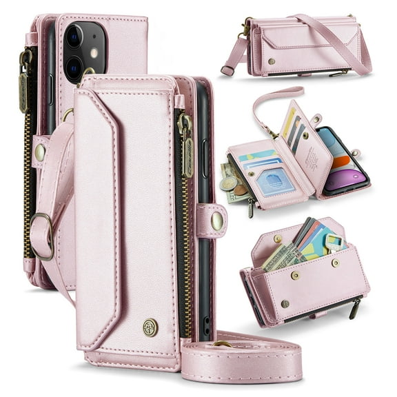 for iPhone 11 Rugged Case, Classic PU Leather Shoulder Strap Wrist Strap Zipper Pocket RFID Blocking Wireless Charging Kickstand Case Cover for iPhone 11, Pink