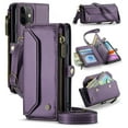 thumbnail image 1 of for iPhone 11 Rugged Case, Classic PU Leather Shoulder Strap Wrist Strap Zipper Pocket RFID Blocking Wireless Charging Kickstand Case Cover for iPhone 11, Purple, 1 of 10