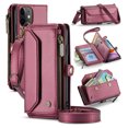 thumbnail image 1 of for iPhone 11 Rugged Case, Classic PU Leather Shoulder Strap Wrist Strap Zipper Pocket RFID Blocking Wireless Charging Kickstand Case Cover for iPhone 11, Winered, 1 of 10