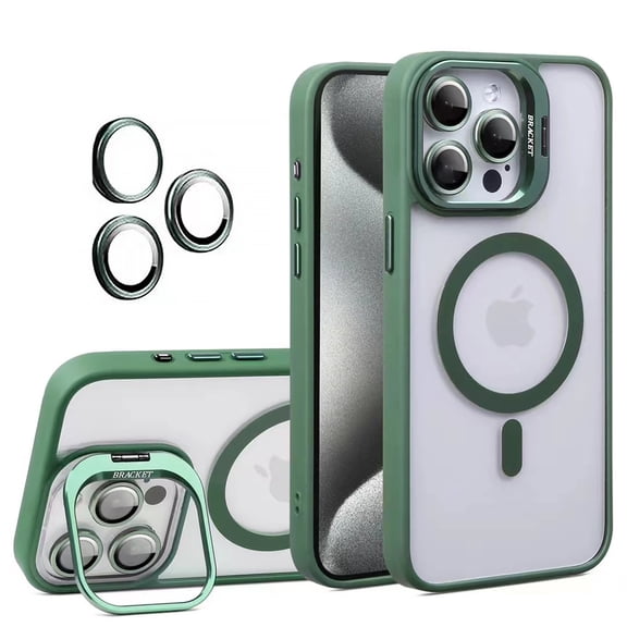 for iPhone 11 Transparent Case with Camera Lens Protector, Compatible with MagSafe, Built-in Camera Stash Stand, Magnetic Hard Back Soft Edge Anti-Fingerprint Flexible Cover, Darkgreen