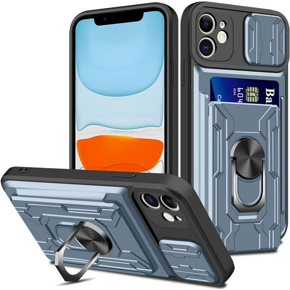 iPhone 11 Wallet Case with Camera Protector Detachable Credit Card Holder Kickstand Ring Stand Rugged Shockproof Armor Heavy Duty Protective Military Grade Cover 6.1 inch Sliver Grey