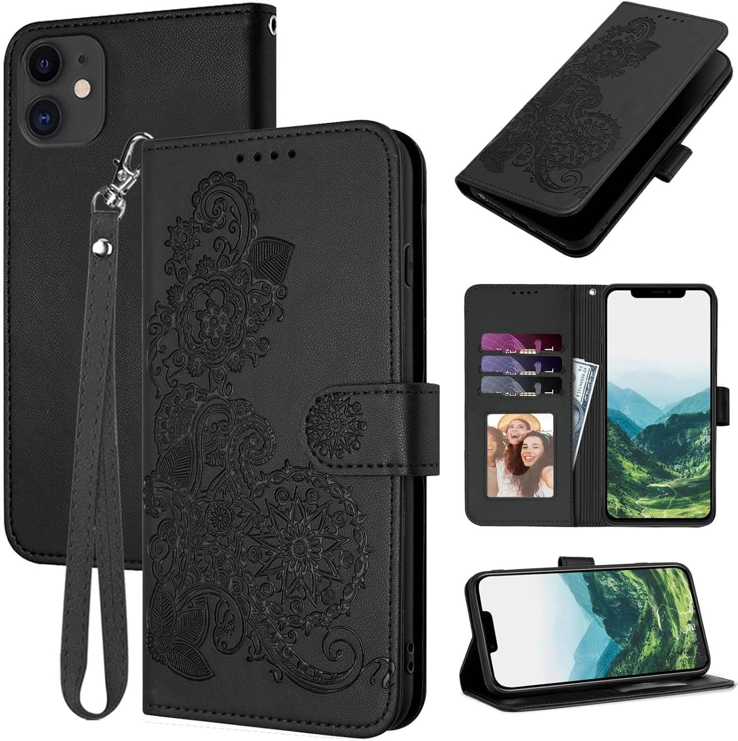 for iPhone 11 Wallet Case,Card Holder Floral Leather Kickstand Flip