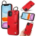 thumbnail image 1 of for iPhone 11 Wallet Case with Card Holder, Hand Wrist Strap Loop Holder Kickstand, Finger Grip Ring Buckle PU Leather Double Buttons Shockproof Cover for iPhone 11, Red, 1 of 10