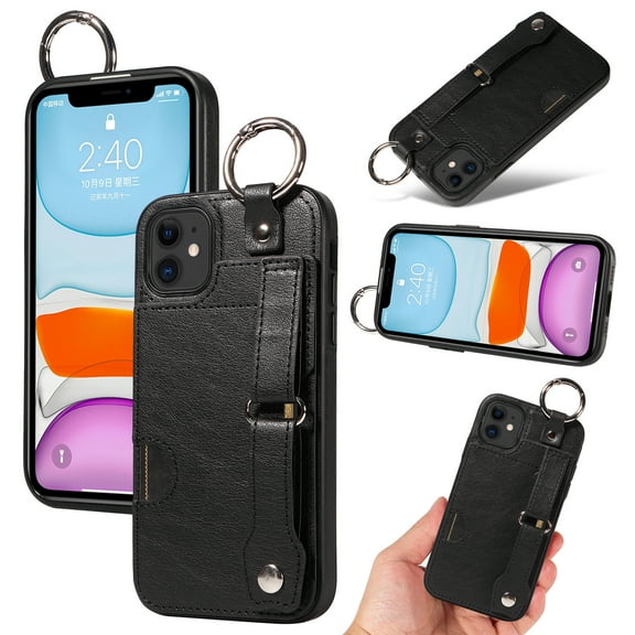 for iPhone 11 Wallet Case with Card Holder, Hand Wrist Strap Loop Holder Kickstand, Finger Grip Ring Buckle PU Leather Double Buttons Shockproof Cover for iPhone 11, Black