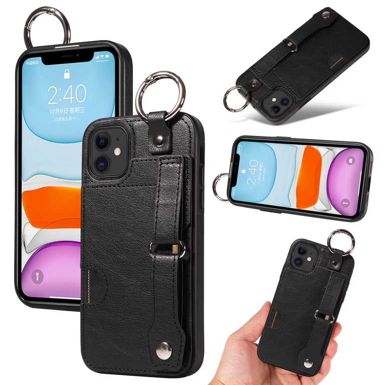 for iPhone 11 Wallet Case with Card Holder, Hand Wrist Strap Loop Holder  Kickstand, Finger Grip Ring PU Leather Double Buttons Shockproof Soft TPU  Cover for iPhone 11, Black - Walmart.com