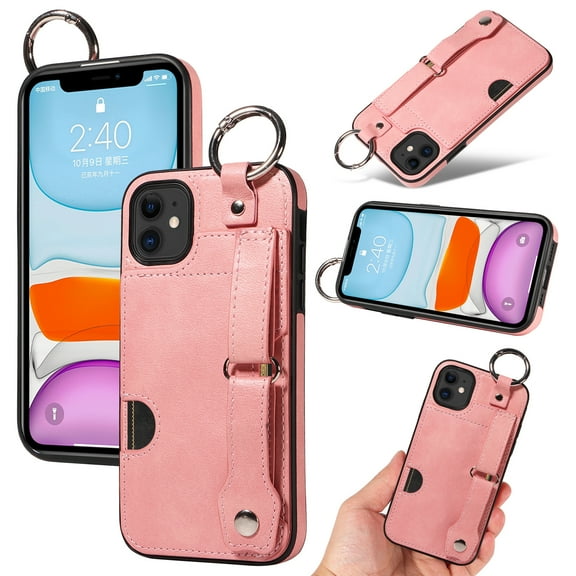 for iPhone 11 Wallet Case with Card Holder, Hand Wrist Strap Loop Holder Kickstand, Finger Grip Ring PU Leather Double Buttons Shockproof Soft TPU Cover for iPhone 11, Pink