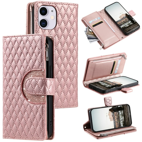 for iPhone 11 Wallet Case with Card Holder & Kickstand & Wrist Strap, Flip Folio Book Style PU Leather Shockproof Protective Phone Cover with Crossbody Strap for iPhone 11, Rosegold