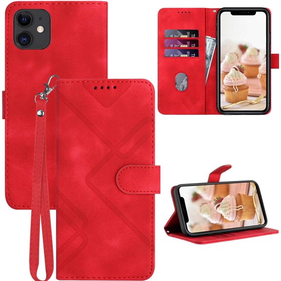 for iPhone 11 Wallet Case,Card Holder Leather Kick-stand Flip Cases for iPhone 11,Wrist Strap,for iPhone 11 Case Wallet,Magnetic Closure,Shockproof Protective Cover for iPhone 11 (Red)