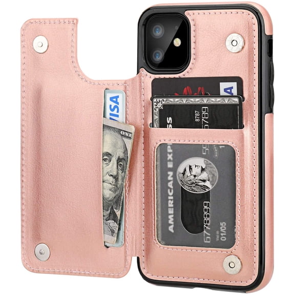 iPhone 11 Wallet Case with Card Holder,OT  PU Leather Kickstand Card Slots Case,Double Magnetic Clasp and Durable Shockproof Cover for iPhone 11 6.1 Inch(Rose Gold)