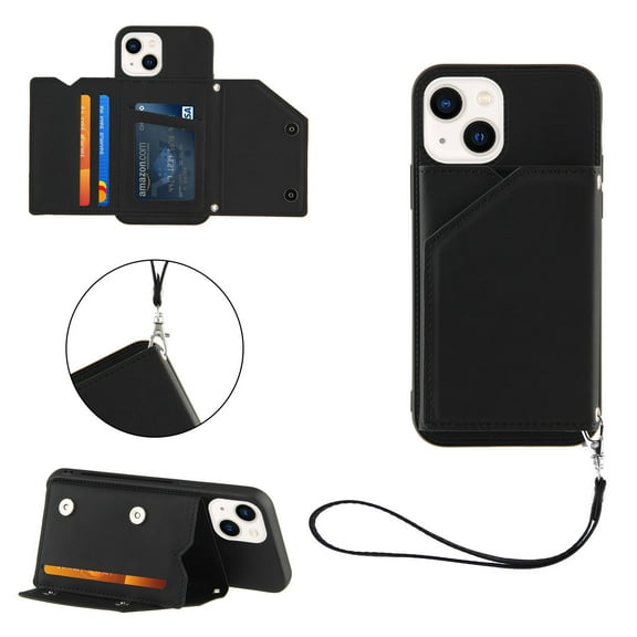 for iPhone 11 Wallet Case with Card Holder, for iPhone 11 Case with RFID Blocking Card Slots, Double Magnetic Clasp Durable Shockproof Kickstand Detachable Wrist Strap Cover,Black