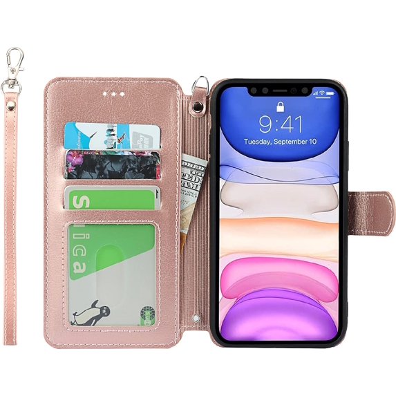 for iPhone 11 Wallet Case with Card Holder Slots,Kickstand Phone Cover Premium Leather Magnetic Closure Slim Flip Shockproof Wrist Strap Case for iPhone 11 6.1",Rosegold