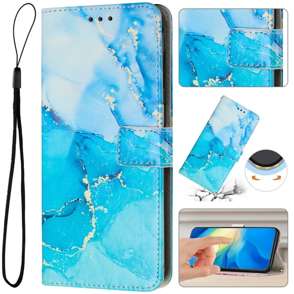 for iPhone 11 Wallet Case with Card Holder,Women Men RFID Blocking PU Leather Flip Cover Wrist Strap Magnetic Closure Credit Card Slots Marble Patterned Book Style Phone Case,Blue