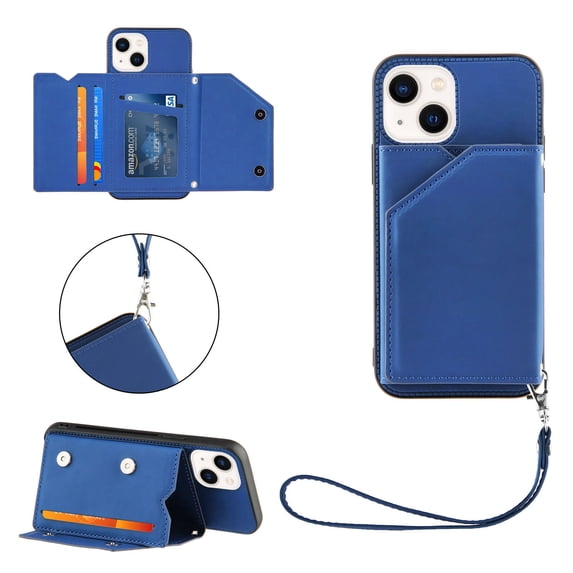 for iPhone 11 Wallet Case with Card Holder, for iPhone 11 Case with RFID Blocking Card Slots, Double Magnetic Clasp Durable Shockproof Kickstand Detachable Wrist Strap Cover,Blue