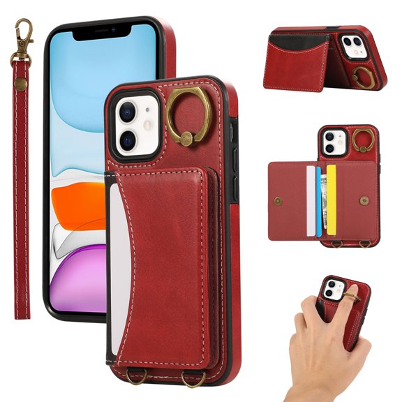 for iPhone 11 Wallet Case with Card Slots, Hand Wrist Strap Rotate Ring Design, Finger Grip Ring PU Leather Magnetic Button Shockproof Purse Phone Cover for iPhone 11, Red