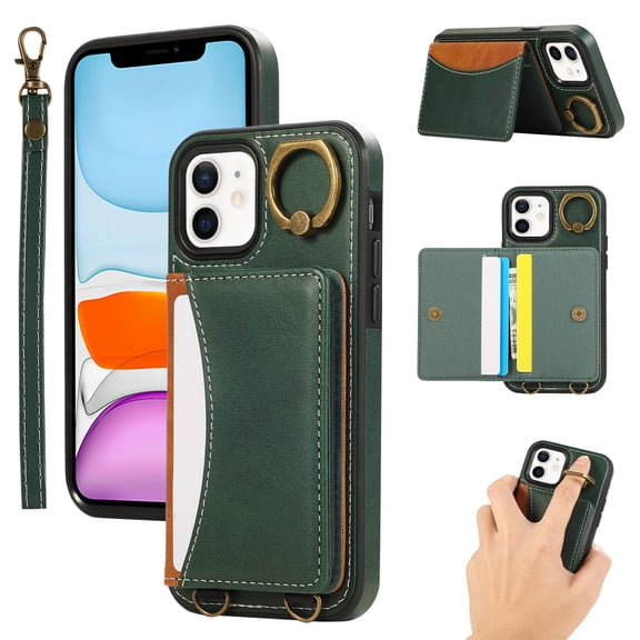 for iPhone 11 Wallet Case with Card Slots, Hand Wrist Strap Rotate Ring Design, Finger Grip Ring PU Leather Magnetic Button Shockproof Purse Phone Cover for iPhone 11, Green