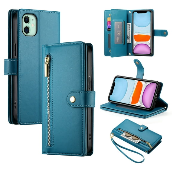for iPhone 11 Wallet Case with Crossbody Strap &  Card Holder, Fashion Flip PU Leather Magnetic Clasp Cover for Women Men, Zipper Pocket Purse Phone Case for iPhone 11, Blue