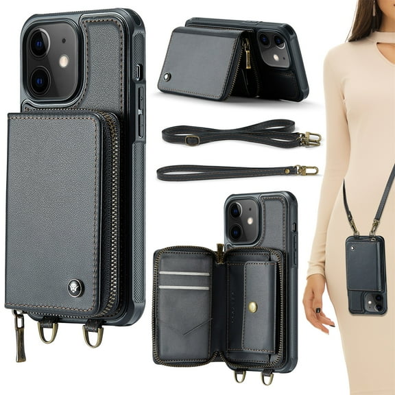 iPhone 11 Wallet Case Crossbody, Zipper Phone Case with RFID Blocking Card Holder Wrist Strap Purse Cover Gift Women Men Compatible with iPhone 11 6.1 inch 2019, Black
