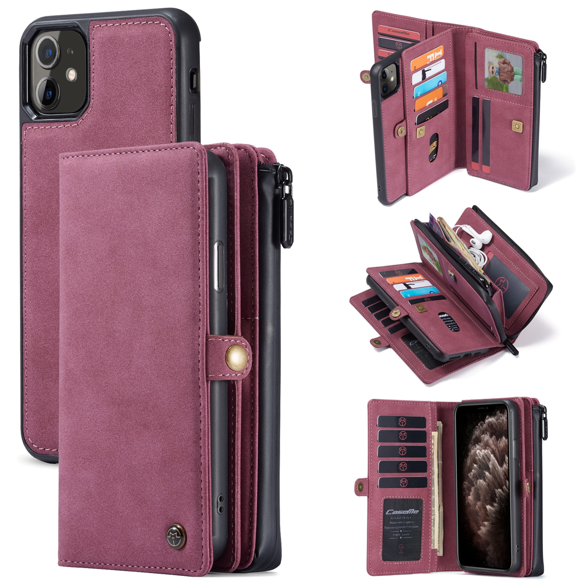 POLA iPhone 13 Pro Magnetic 2 in 1 Detachable Zipper Leather Tri-fold  Wallet Case Red