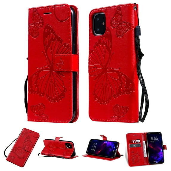 for iPhone 11 Wallet Case, Kickstand Case with Credit Card Holder, Embossed Butterfly Pattern with Strap Premium PU Leather Magnetic Closure Shockproof Protective Flip Cover 6.1", Red