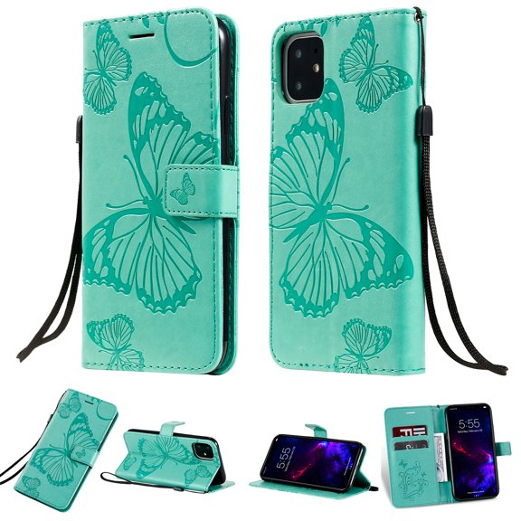 for iPhone 11 Wallet Case, Kickstand Case with Credit Card Holder, Embossed Butterfly Pattern with Strap Premium PU Leather Magnetic Closure Shockproof Protective Flip Cover 6.1", Green