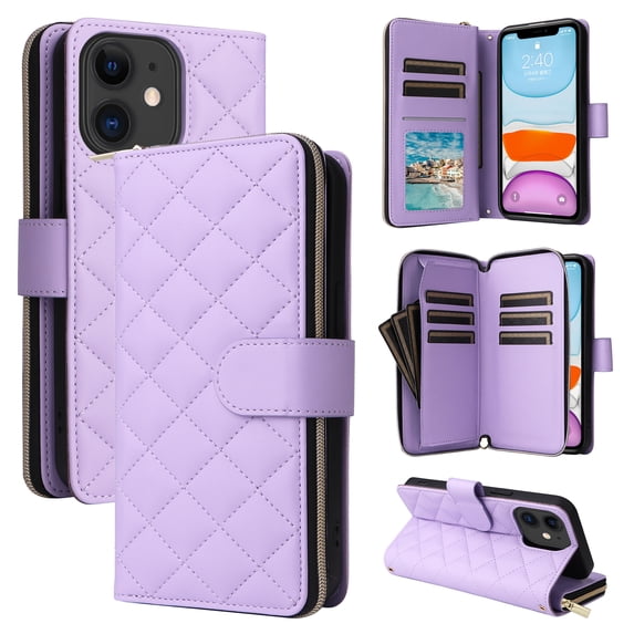 for iPhone 11 Wallet Case, Multi-Functional Zipper Purse Case, with Flip Stand Card Holder PU Leather Phone Cover with Lanyard & Wrist Strap for iPhone 11, Purple