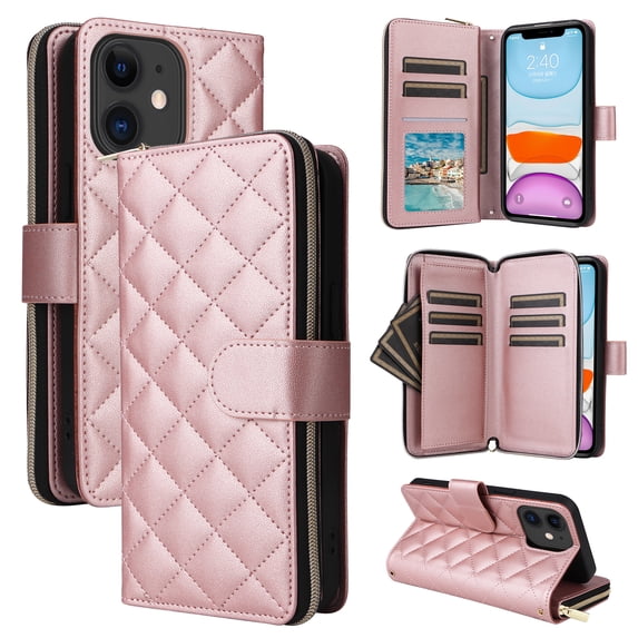 for iPhone 11 Wallet Case, Multi-Functional Zipper Purse Case, with Flip Stand Card Holder PU Leather Phone Cover with Lanyard & Wrist Strap for iPhone 11, Rosegold