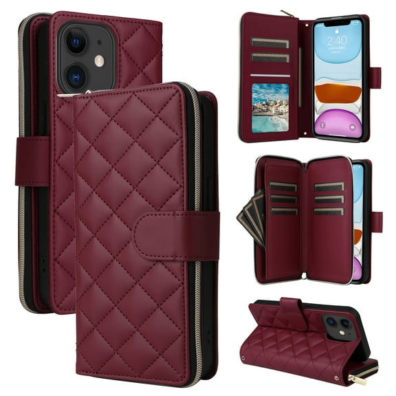 for iPhone 11 Wallet Case, Multi-Functional Zipper Purse Case, with Flip Stand Card Holder PU Leather Phone Cover with Lanyard & Wrist Strap for iPhone 11, Winered