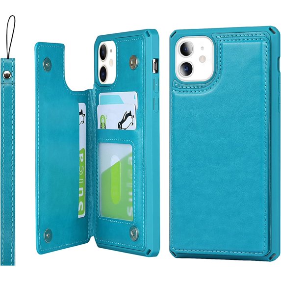 for iPhone 11 Wallet Case with RFID Blocking Card Holder,Premium PU Leather Magnetic Buttons Stand Flip Wrist Strap Shockproof Case for iPhone 11 6.1 Inch,Macaron Blue