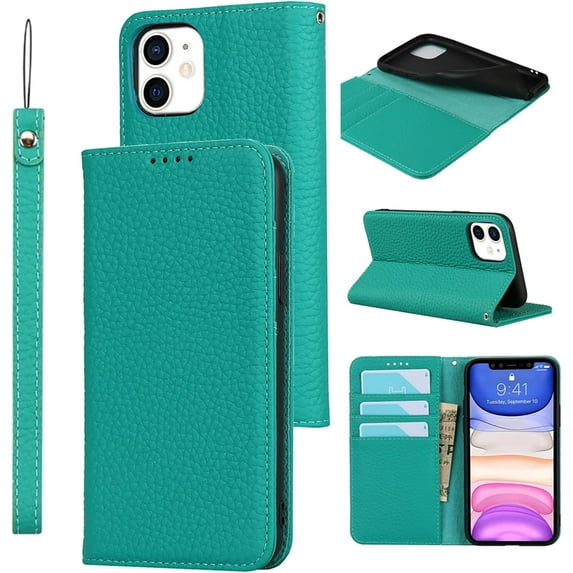 for iPhone 11 Wallet Case with RFID Blocking Card Slots Holder and Wrist Strap,Flip Folio Magnetic Closure,Kickstand,Genuine Leather Cover Case for iPhone 11 6.1",Pure Green