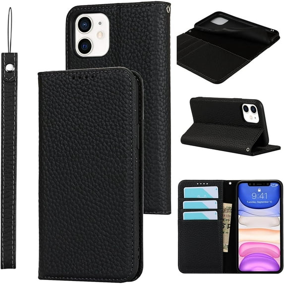 for iPhone 11 Wallet Case with RFID Blocking Card Slots Holder and Wrist Strap,Flip Folio Magnetic Closure,Kickstand,Genuine Leather Cover Case for iPhone 11 6.1",Pure Black