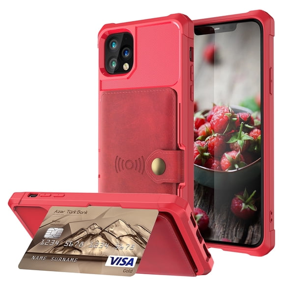 iPhone 11 Wallet Case, Shockproof Rubber Card Holder Wallet PU Leather Back Phone Case Kickstand Protective Scratch Hybrid Bumper Shell for Apple iPhone 11 6.1 inch, Red