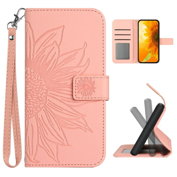 for iPhone 11 Wallet Case, [Sun Flower Embossed & Wrist Strap] PU Leather Purse Case Flip Protective Phone Cover with Card Slots and Kickstand for iPhone 11, Pink