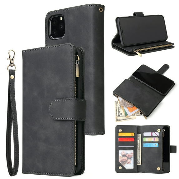 iPhone 11 Wallet Case, TOPSHE Soft Classy Leather Zipper Purse Case Magnetic Detachable Folio Flip Stand Cover with Credit Card Slots/Driver License for Apple iPhone 11 6.1" 2019, Black