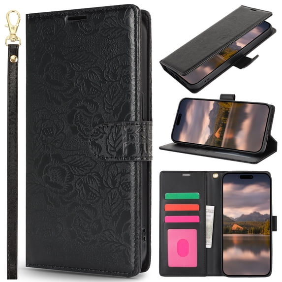 for iPhone 11 Wallet Case for Women Girls, PU Leather Flower Pattern, Card Slots Kickstand Wrist Strap Drop Protective TPU Back Cover with Magnetic Clasp for iPhone 11, Black