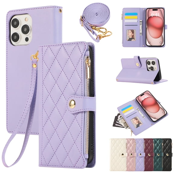 for iPhone 11 Wallet Case with Zipper Pocket Card Holder & Crossbody Lanyard Strap & Wrist Strap, Flip Kickstand PU Leather Magnetic Folio Handbag Purse Case for iPhone 11, Purple