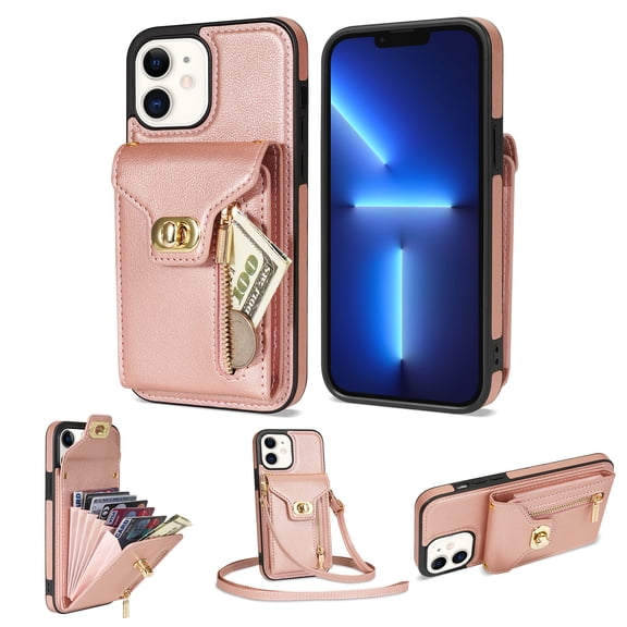 for iPhone 11 Wallet Case, iPhone 11 Zipper Purse Crossbody Wallet Phone Case with Lanyard, Metal Buckle Closure PU Leather Card Holder Kickstand Flip Folio Protective Cover, Rosegold