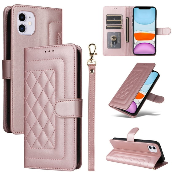 for iPhone 11 Wallet Flip Case, Classic PU Leather Card Slots with Lanyard Magnetic Closure Kickstand Drop Protective Soft TPU Inner Phone Case Cover for iPhone 11, Rosegold